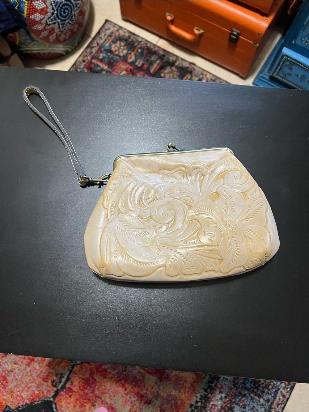 Patricia Nash Cream Embossed Leather Wristlet Clutch